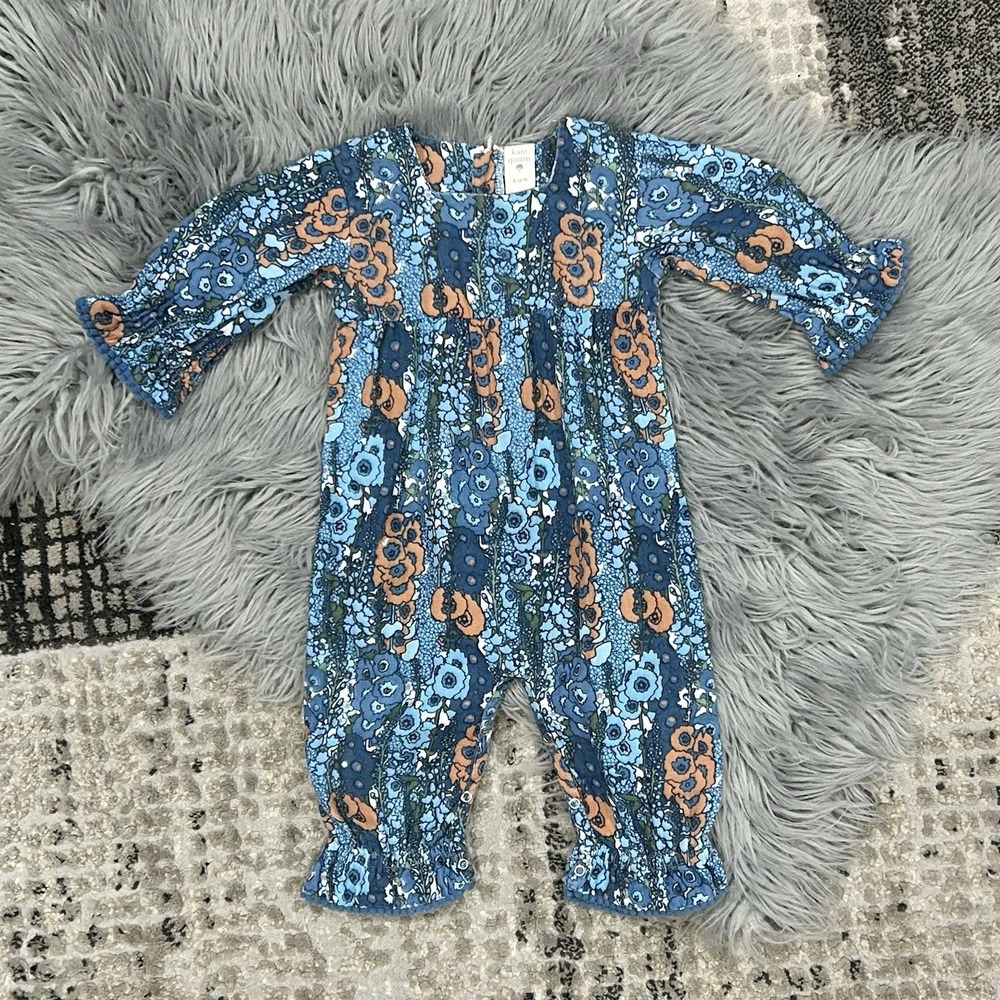 Kate Quinn Baby Girl Floral Hollyhock Blue Romper‎ Size 6-12 Month